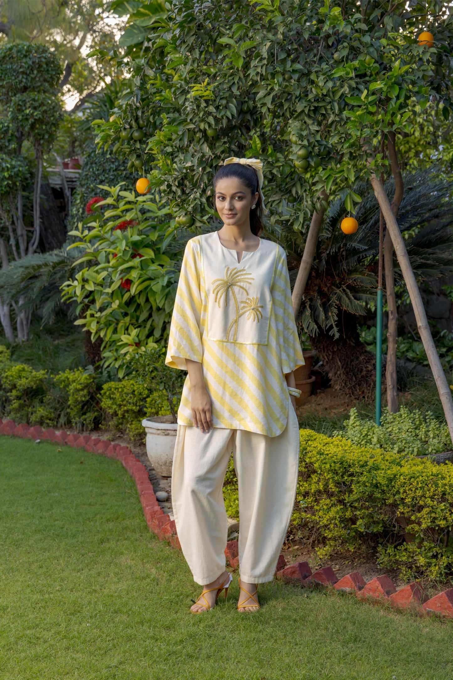 Alora Kurta Salwar Set Stripe Yellow Ivory Palms Tree