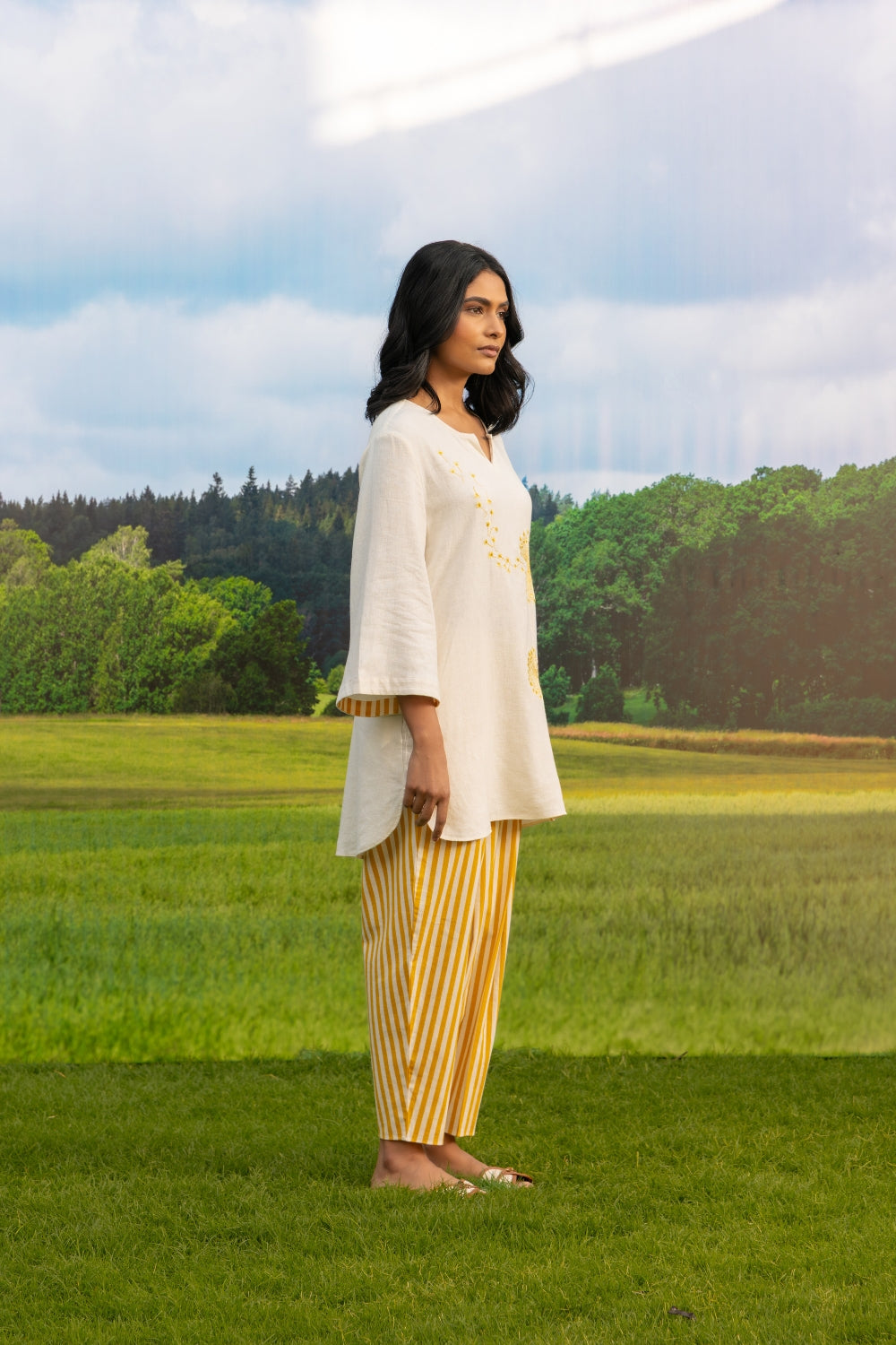 Mira Co-ord Pant Set Stripe Ivory Mustard Wild Bloom