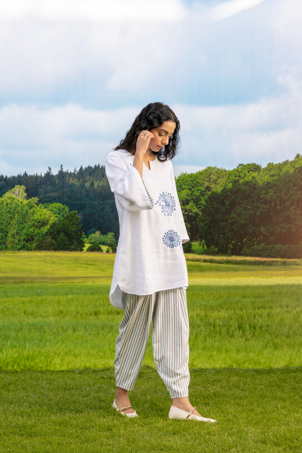 Mira Co-ord Pant Set Stripe White Navy Wild Bloom