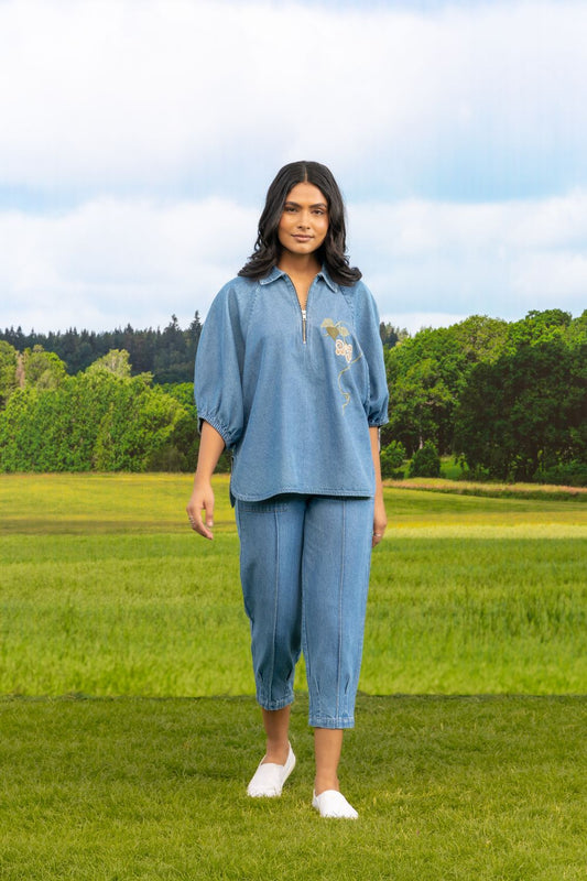 Aura Zipper Co-ord Pant Set Light Wash Botan