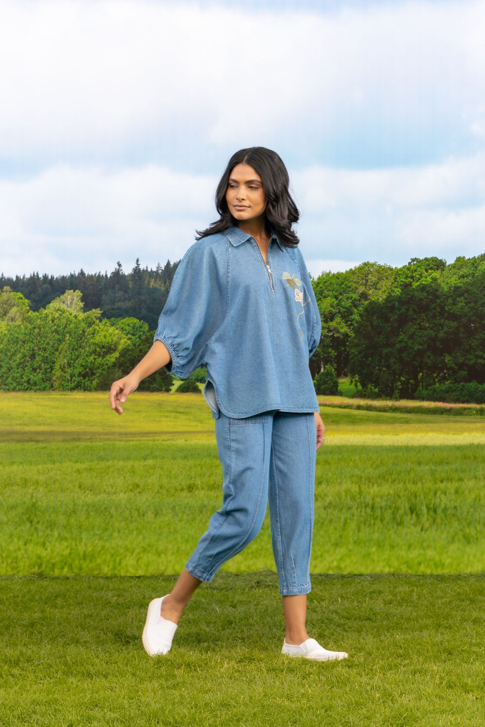 Aura Zipper Co-ord Pant Set Light Wash Botan