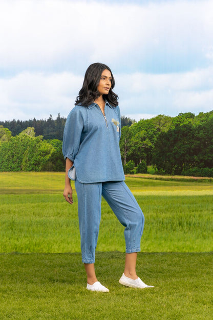 Aura Zipper Co-ord Pant Set Light Wash Botan
