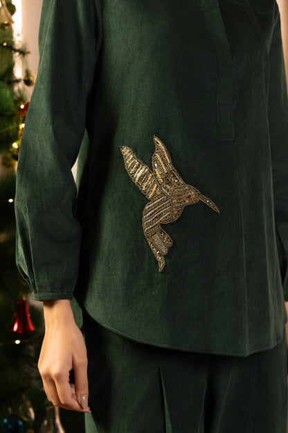 Olena Co-ord Pant Set Dark Green Humming bird