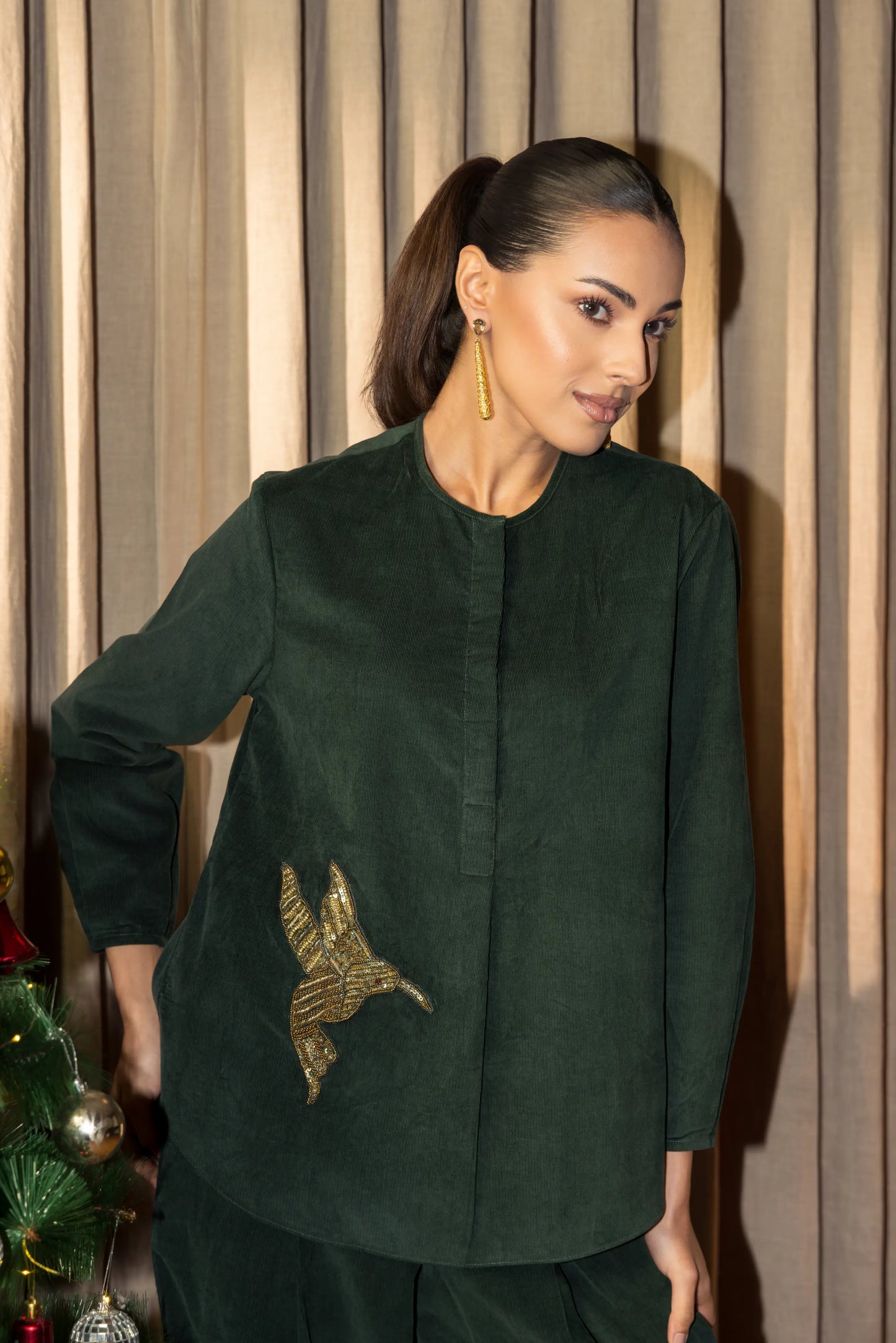 Olena Co-ord Pant Set Dark Green Humming bird