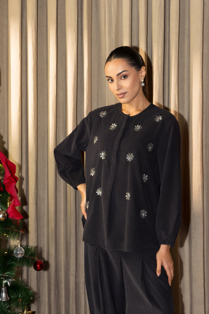 Olena Co-ord Pant Set Dark Grey Star Flower Motif