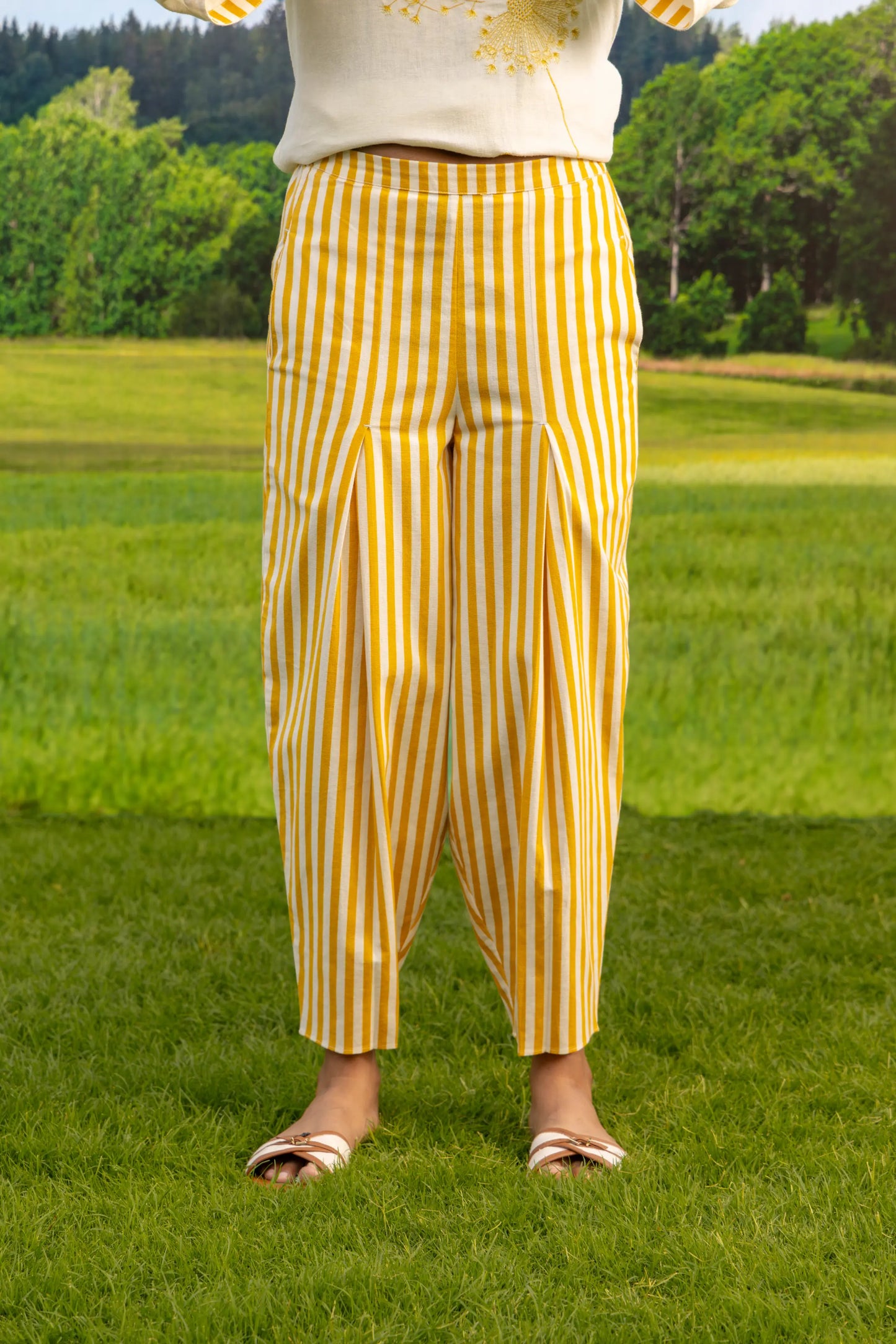 Mira Co-ord Pant Set Stripe Ivory Mustard Wild Bloom