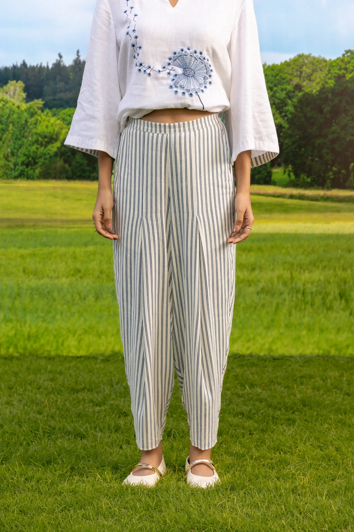 Mira Co-ord Pant Set Stripe White Navy Wild Bloom