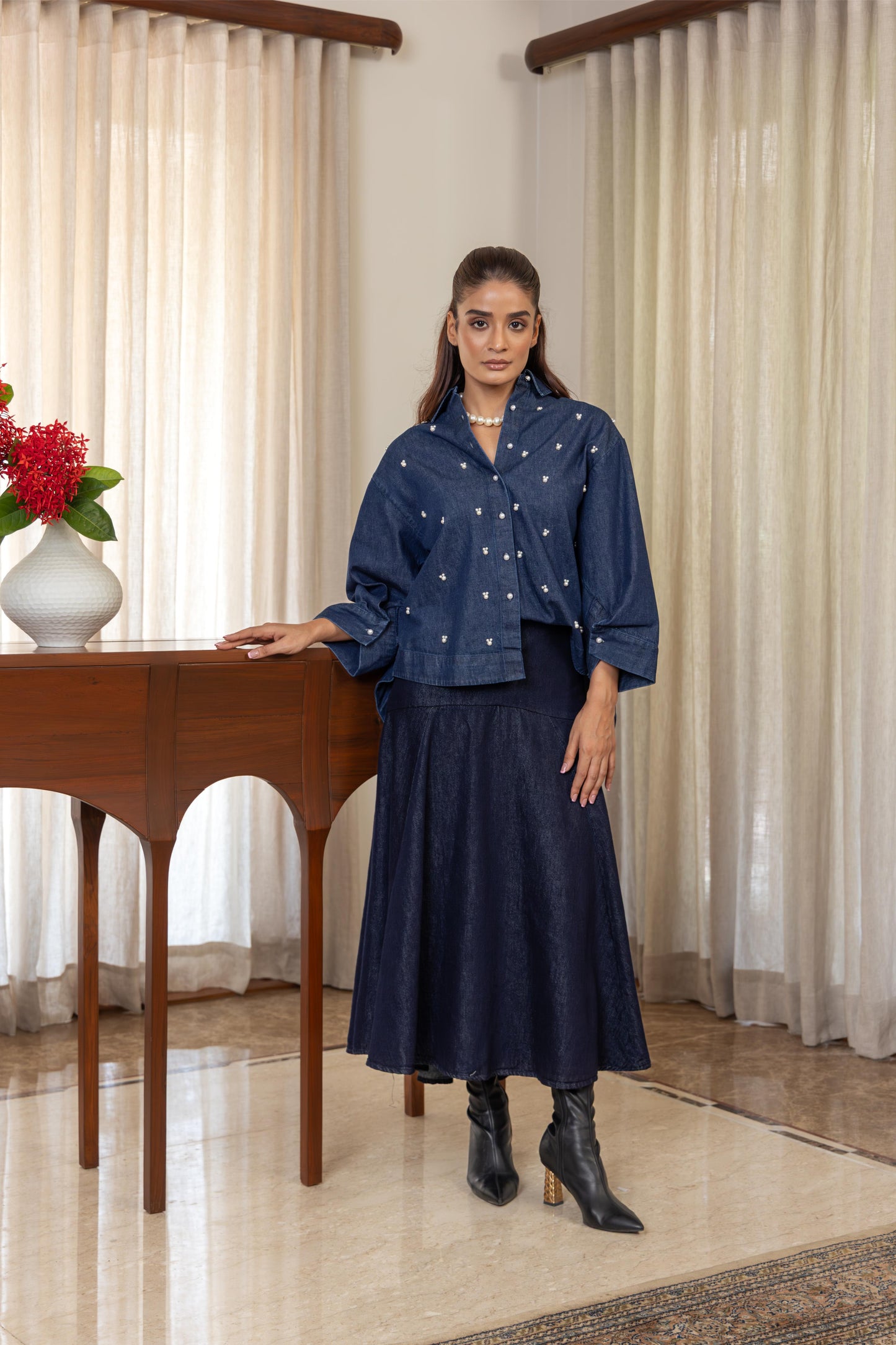 JUNE PEARL SHIRT WITH DENIM SKIRT CORDSET