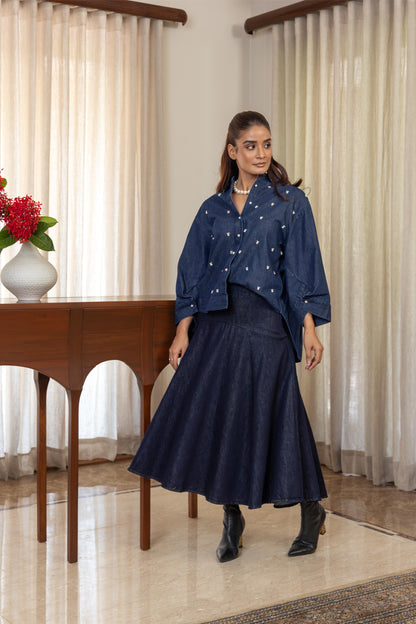 JUNE PEARL SHIRT WITH DENIM SKIRT CORDSET
