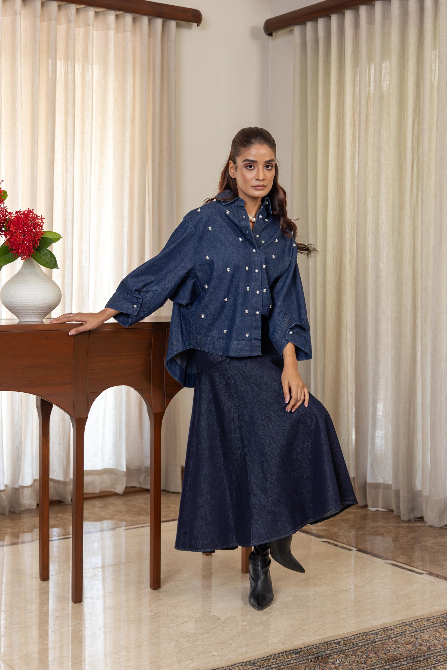 JUNE PEARL SHIRT WITH DENIM SKIRT CORDSET