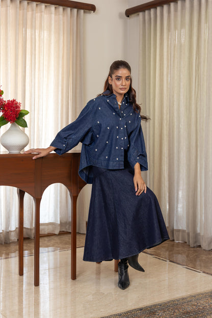 JUNE PEARL SHIRT WITH DENIM SKIRT CORDSET