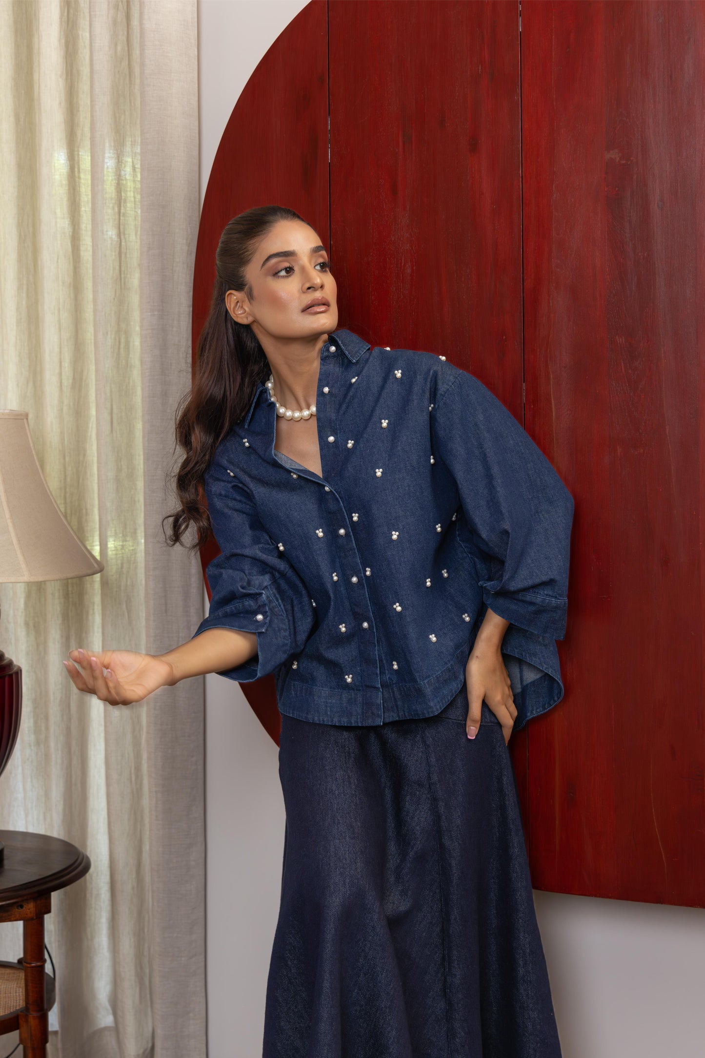 JUNE PEARL SHIRT WITH DENIM SKIRT CORDSET