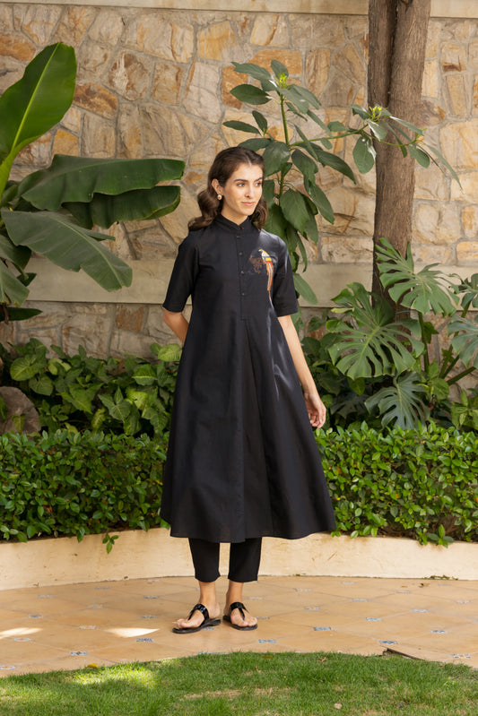 Rose Kurta Pant Set Black Vivid Parrot