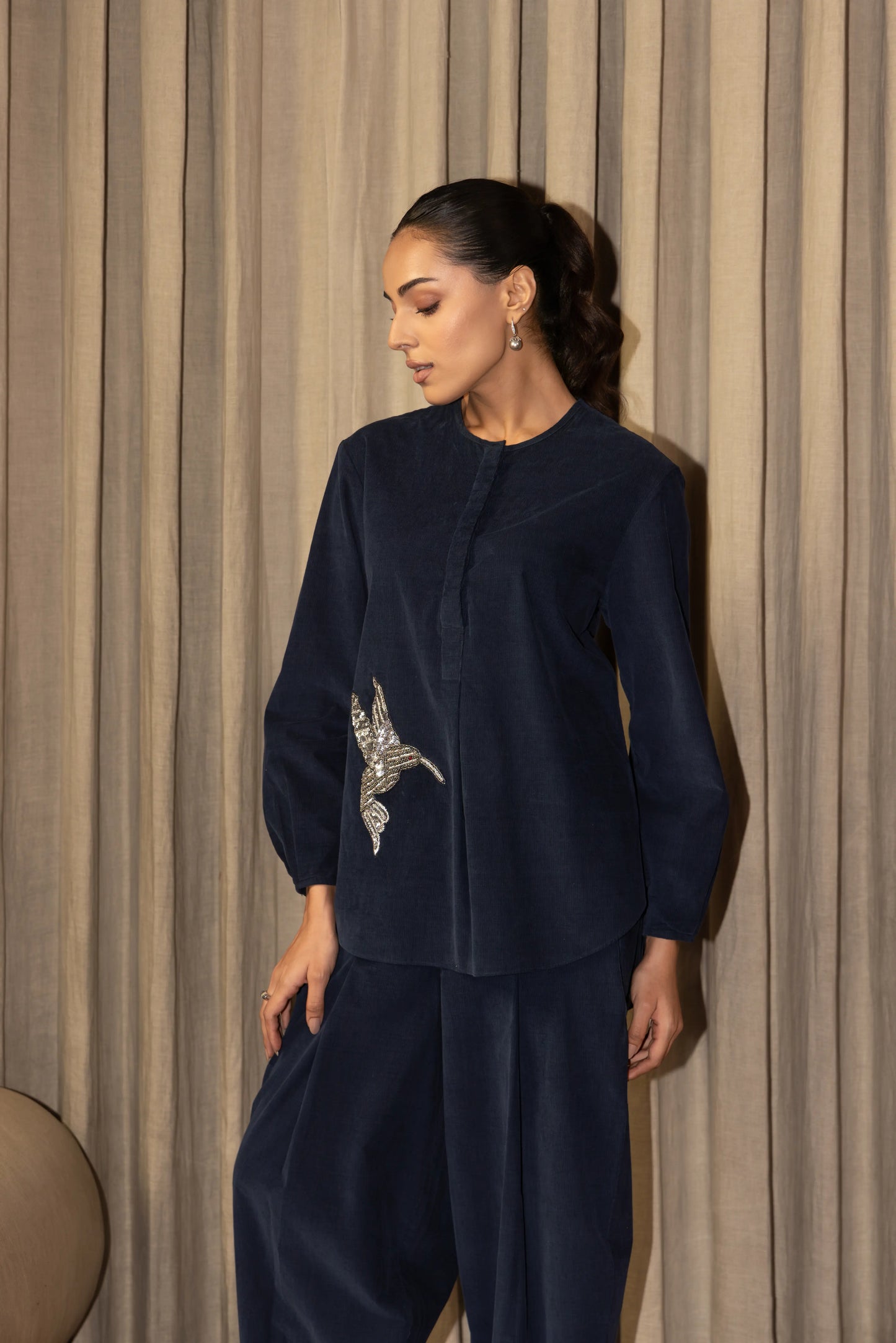 Olena Co-ord Pant Set Navy Humming bird