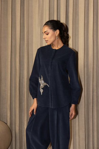 Olena Co-ord Pant Set Navy Humming bird