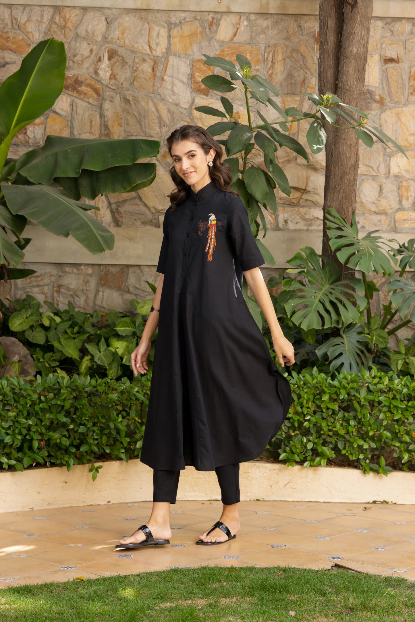Rose Kurta Pant Set Black Vivid Parrot