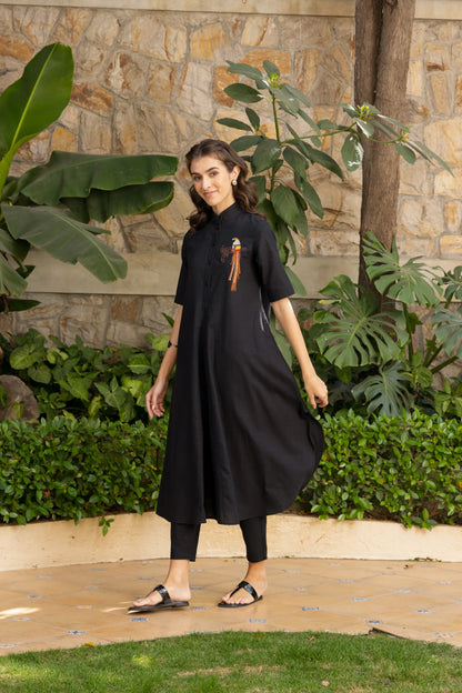 Rose Kurta Pant Set Black Vivid Parrot