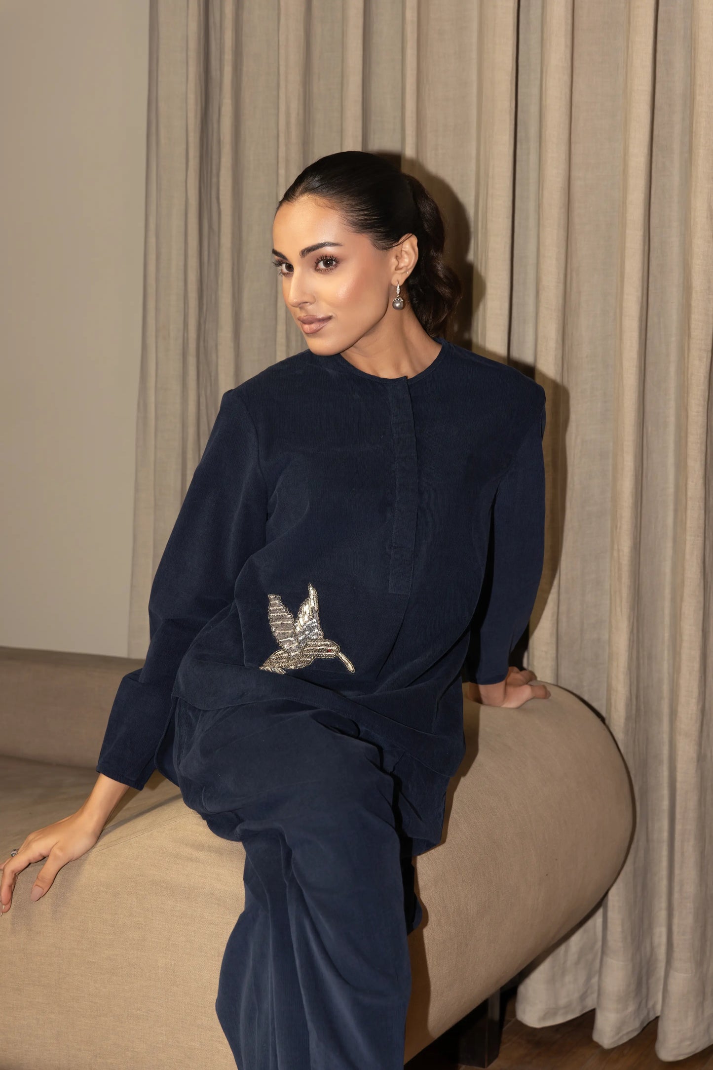 Olena Co-ord Pant Set Navy Humming bird