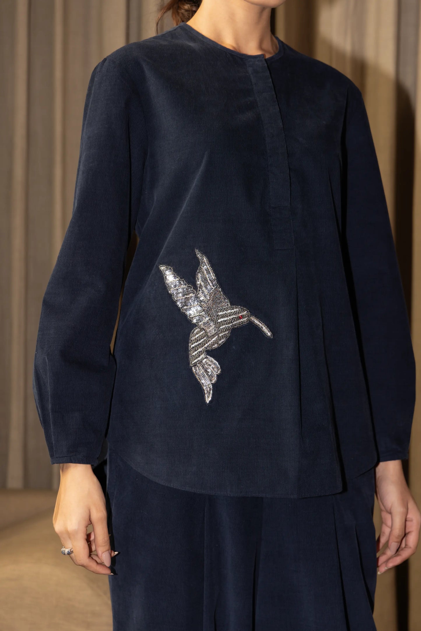 Olena Co-ord Pant Set Navy Humming bird