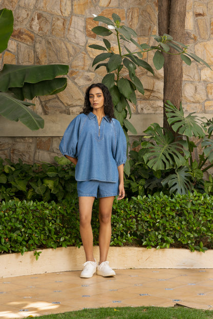 Aura Zipper Co-ord Short Set Light Wash Stitch