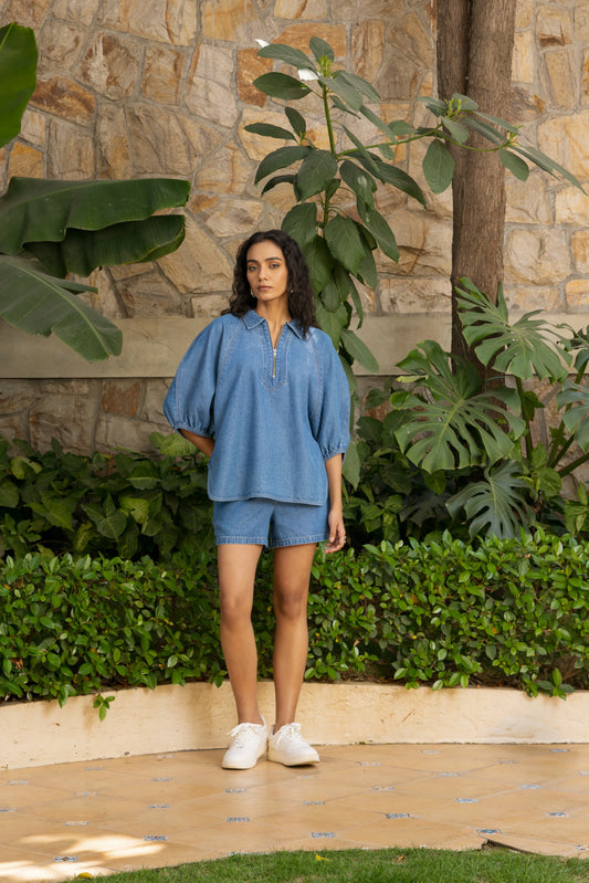 Aura Zipper Co-ord Short Set Light Wash Flora Contour