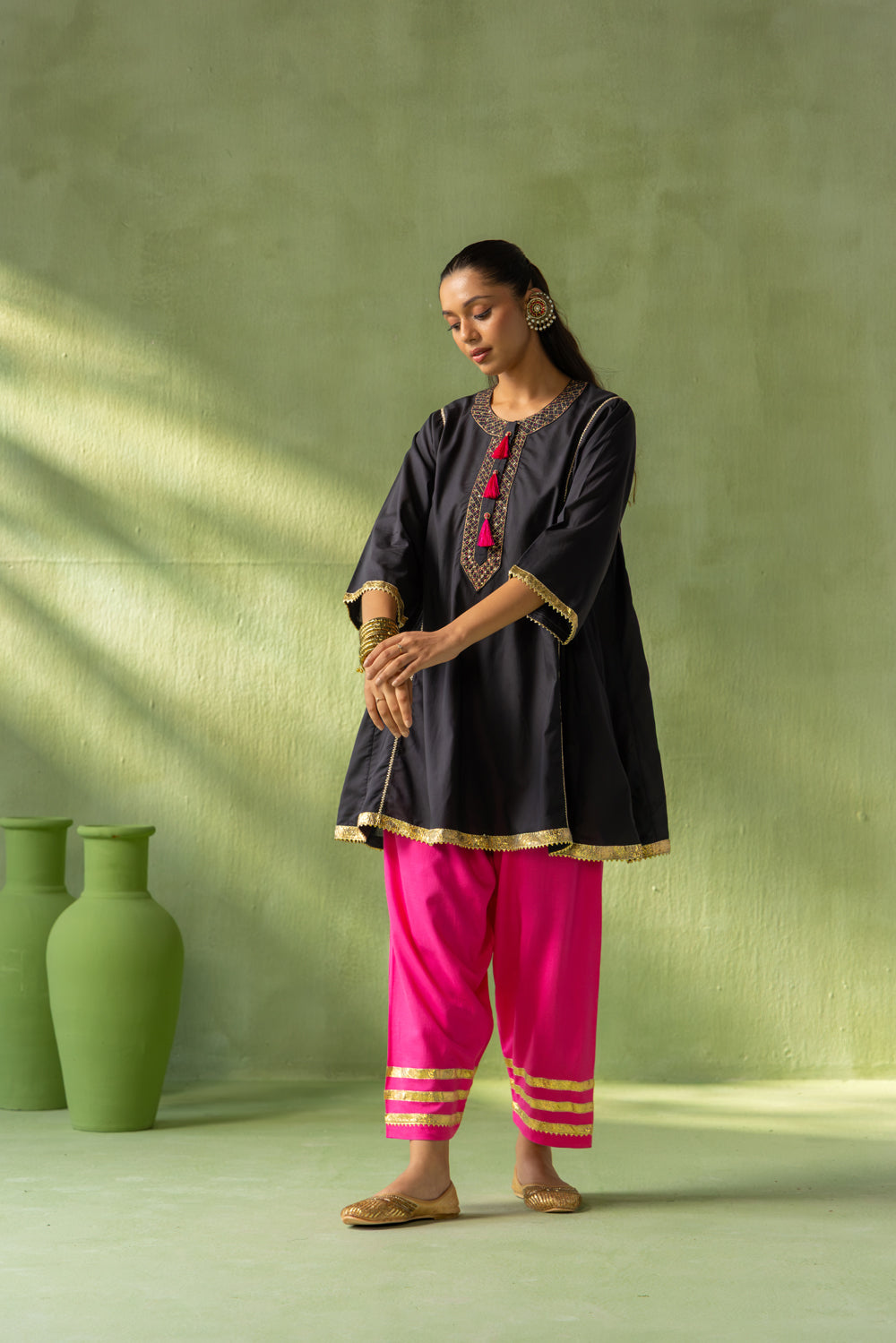 Reva Kurta Salwar Set Black and Pink Tassel Bloom