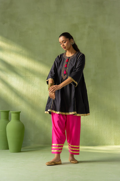 Reva Kurta Salwar Set Black and Pink Tassel Bloom