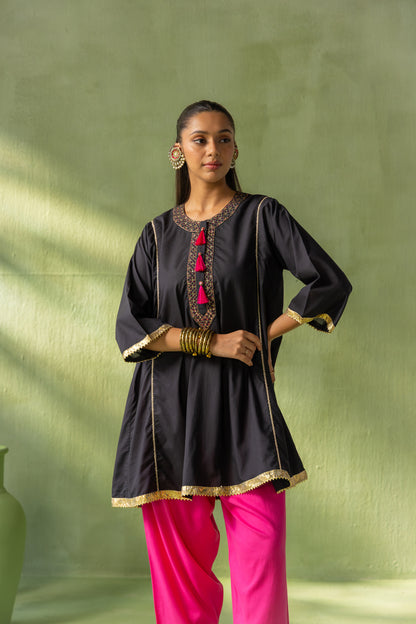 Reva Kurta Salwar Set Black and Pink Tassel Bloom