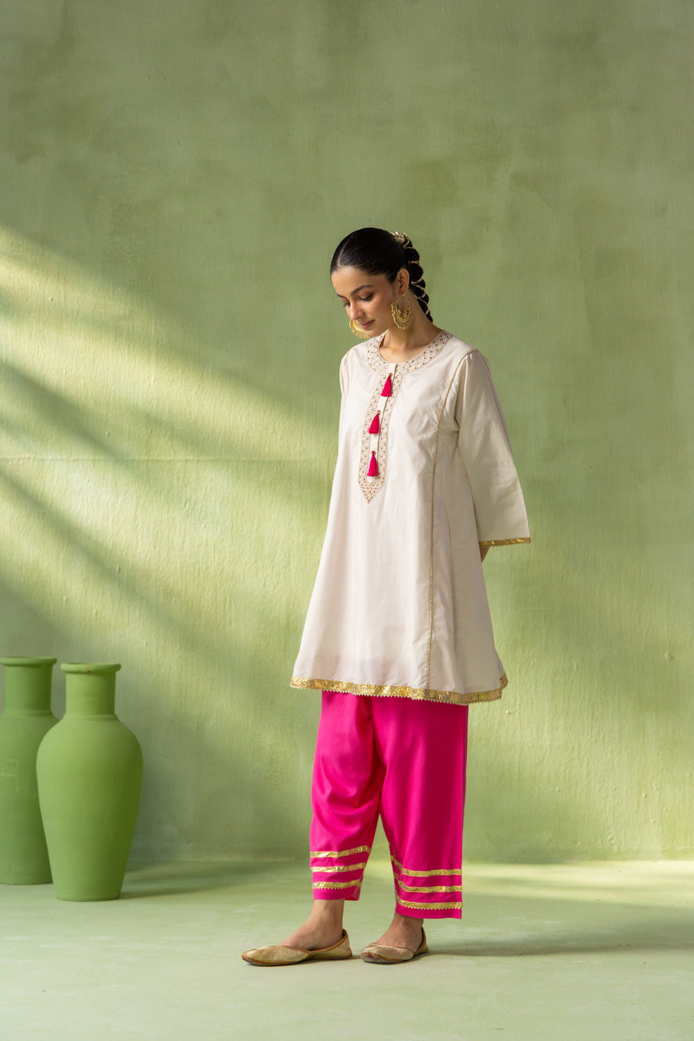 Reva Kurta Salwar Set Off White and Pink Tassel Bloom