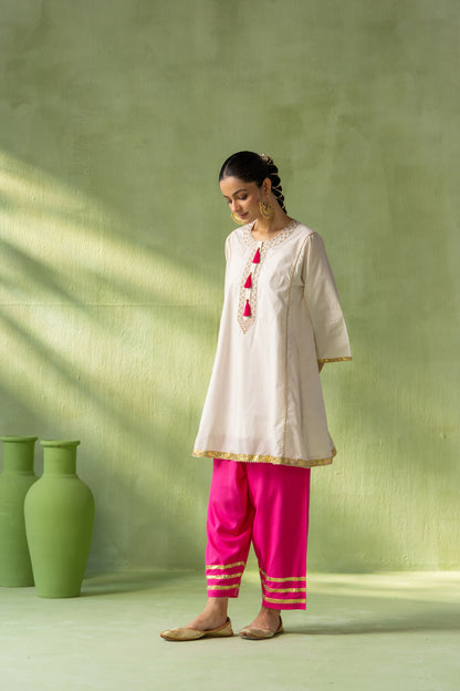 Reva Kurta Salwar Set Off White and Pink Tassel Bloom