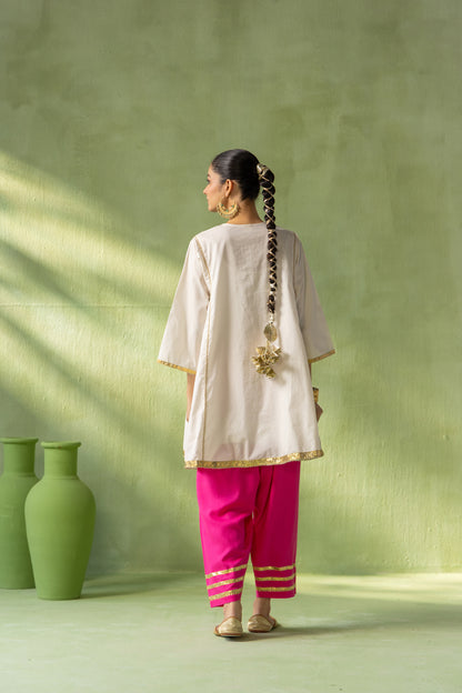 Reva Kurta Salwar Set Off White and Pink Tassel Bloom