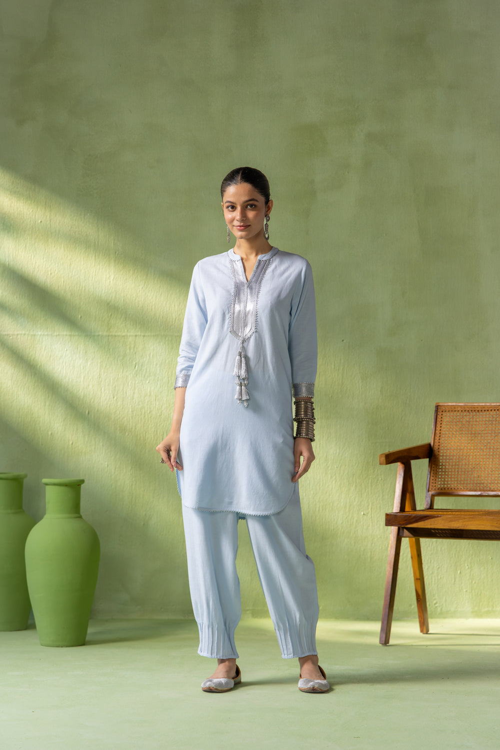 Zoya Kurta Pant Set Light Blue Twin Tassel