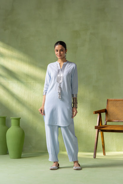 Zoya Kurta Pant Set Light Blue Twin Tassel