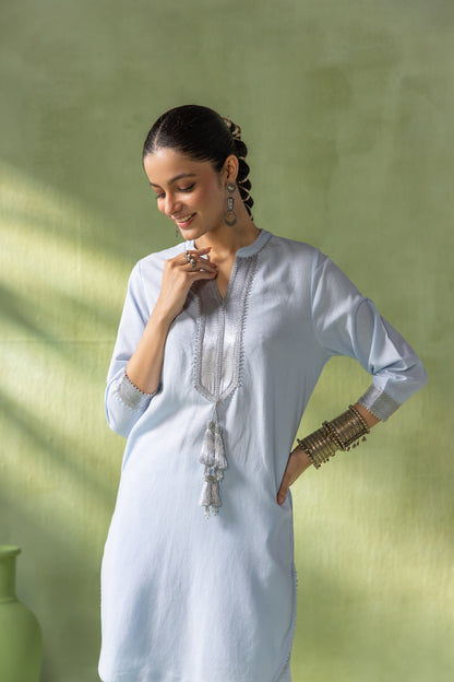 Zoya Kurta Pant Set Light Blue Twin Tassel