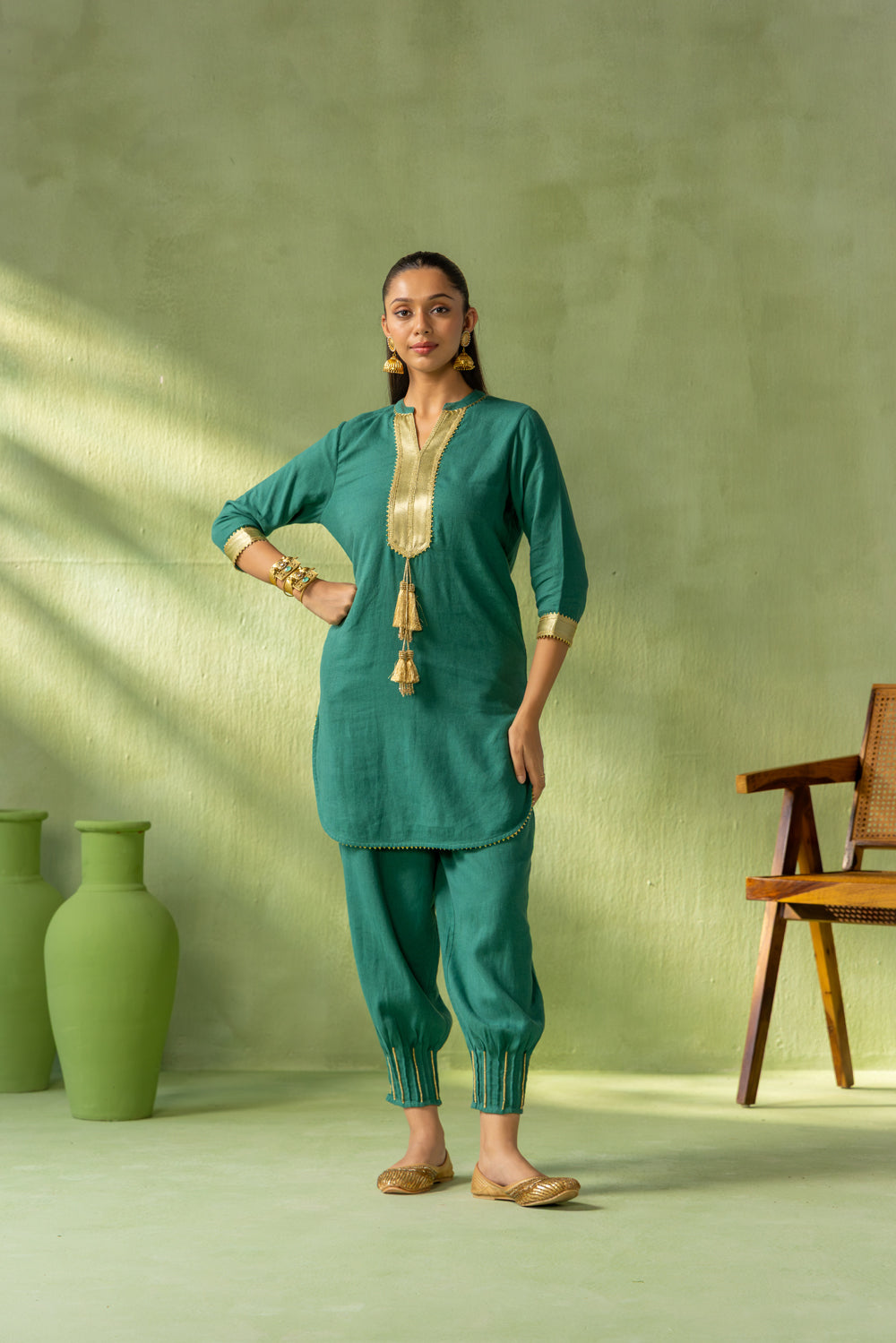 Zoya Kurta Pant Set Dark Green Twin Tassel