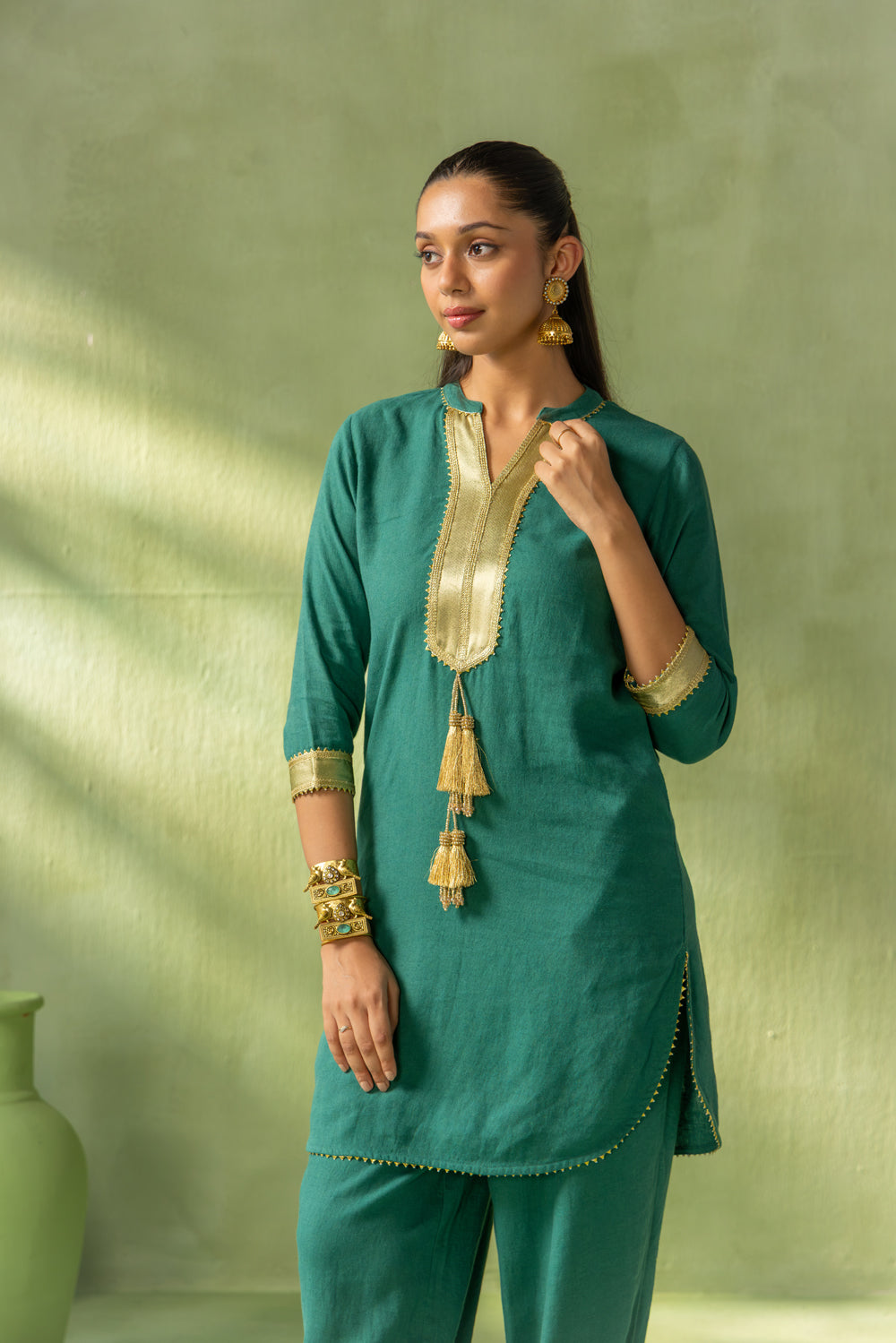 Zoya Kurta Pant Set Dark Green Twin Tassel