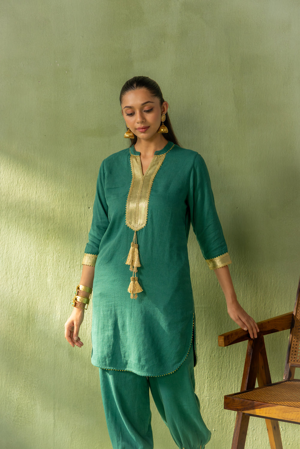 Zoya Kurta Pant Set Dark Green Twin Tassel