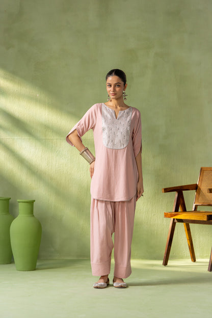 Mehr Kurta Farshi Set Light Pink Silver Rain