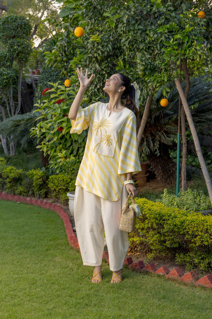 Alora Kurta Salwar Set Stripe Yellow Ivory Palms Tree