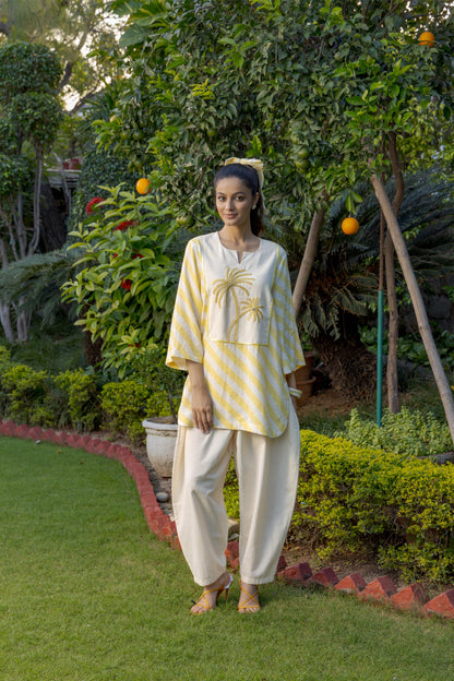 Alora Kurta Salwar Set Stripe Yellow Ivory Palms Tree