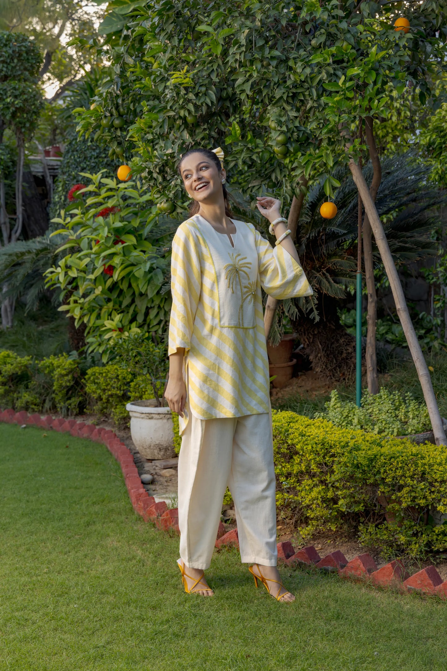 Alora Kurta Salwar Set Stripe Yellow Ivory Palms Tree