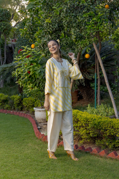Alora Kurta Salwar Set Stripe Yellow Ivory Palms Tree