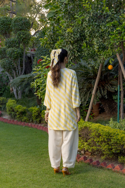 Alora Kurta Salwar Set Stripe Yellow Ivory Palms Tree