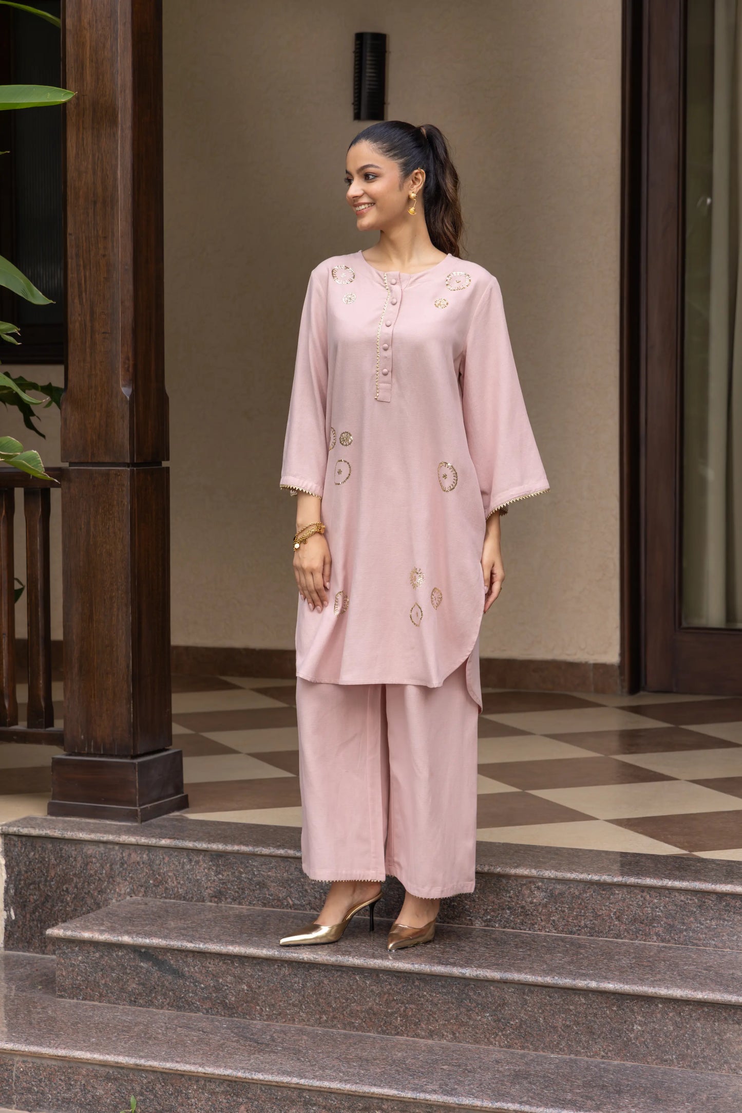 Ira Kurta Pant Set Light Pink Ring Buta