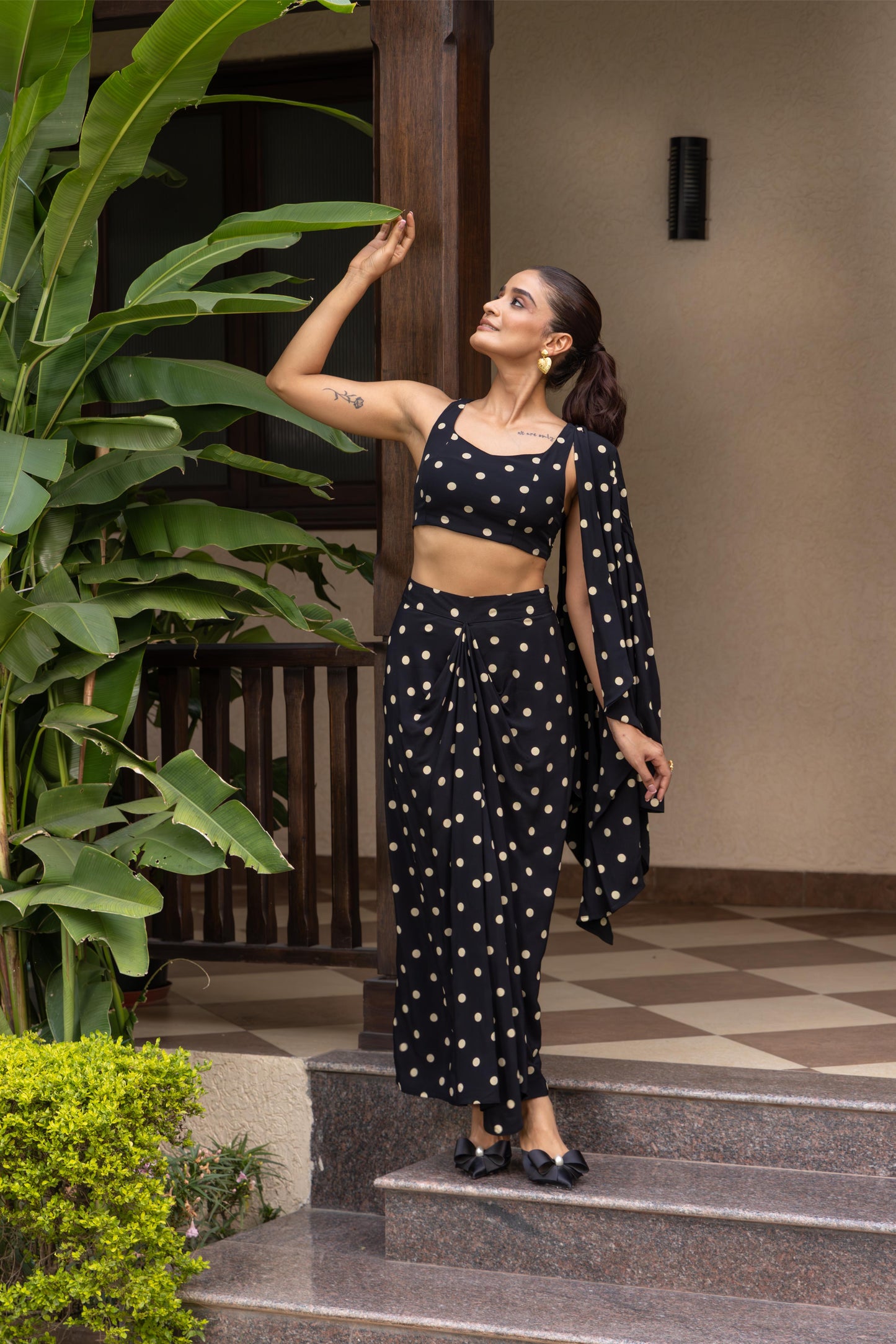 LUNA  POLKA DOT - THREE PIECE CAPE SET BLACK-BEIGE