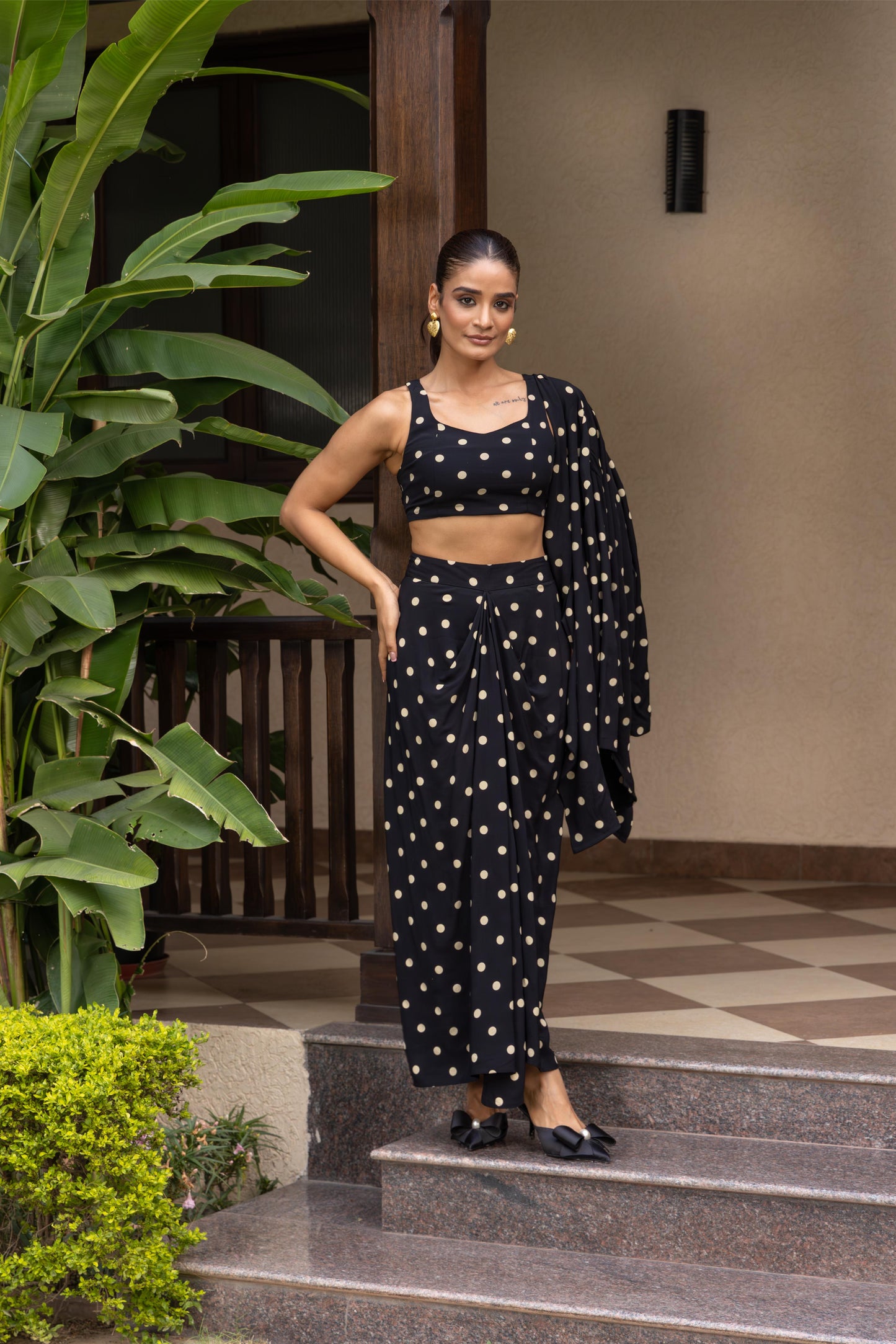LUNA  POLKA DOT - THREE PIECE CAPE SET BLACK-BEIGE