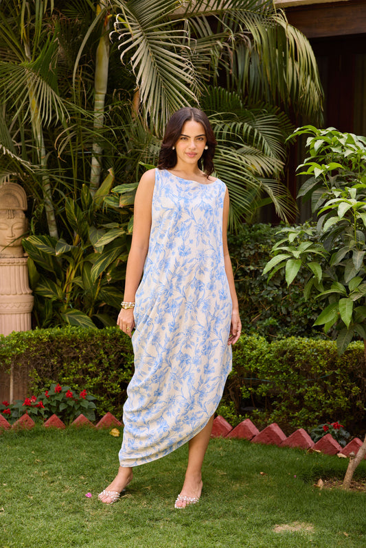 April Cowl Dress - Blue Printed