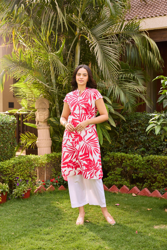 Daisy Kurta - White-Red Printed