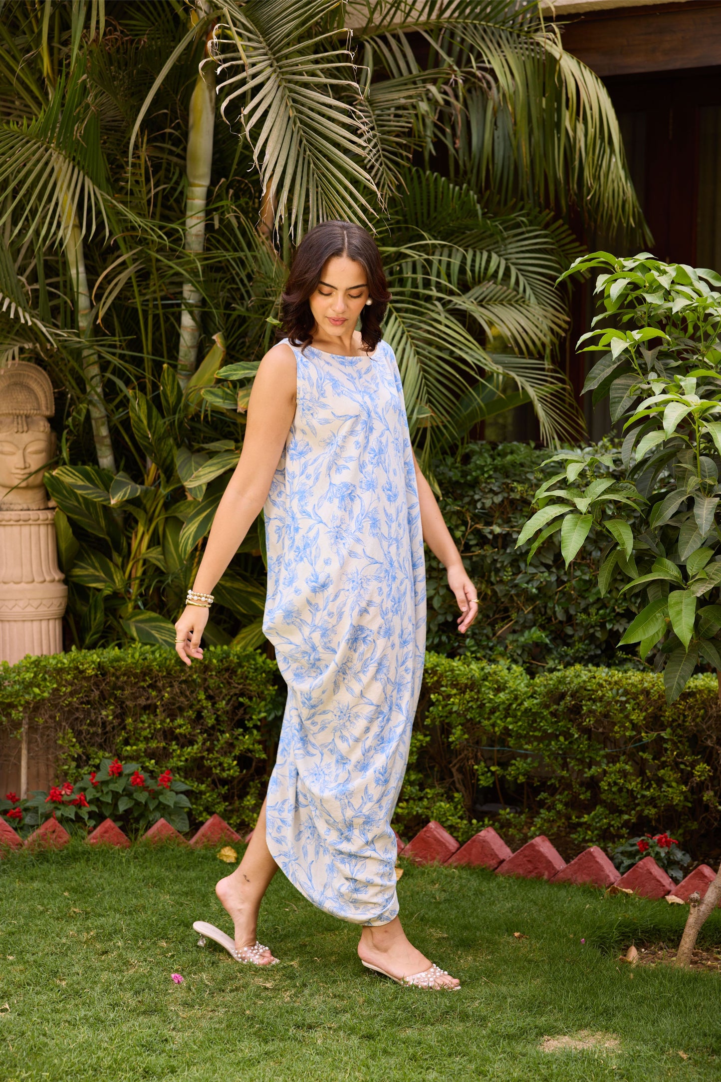 April Cowl Dress - Blue Printed