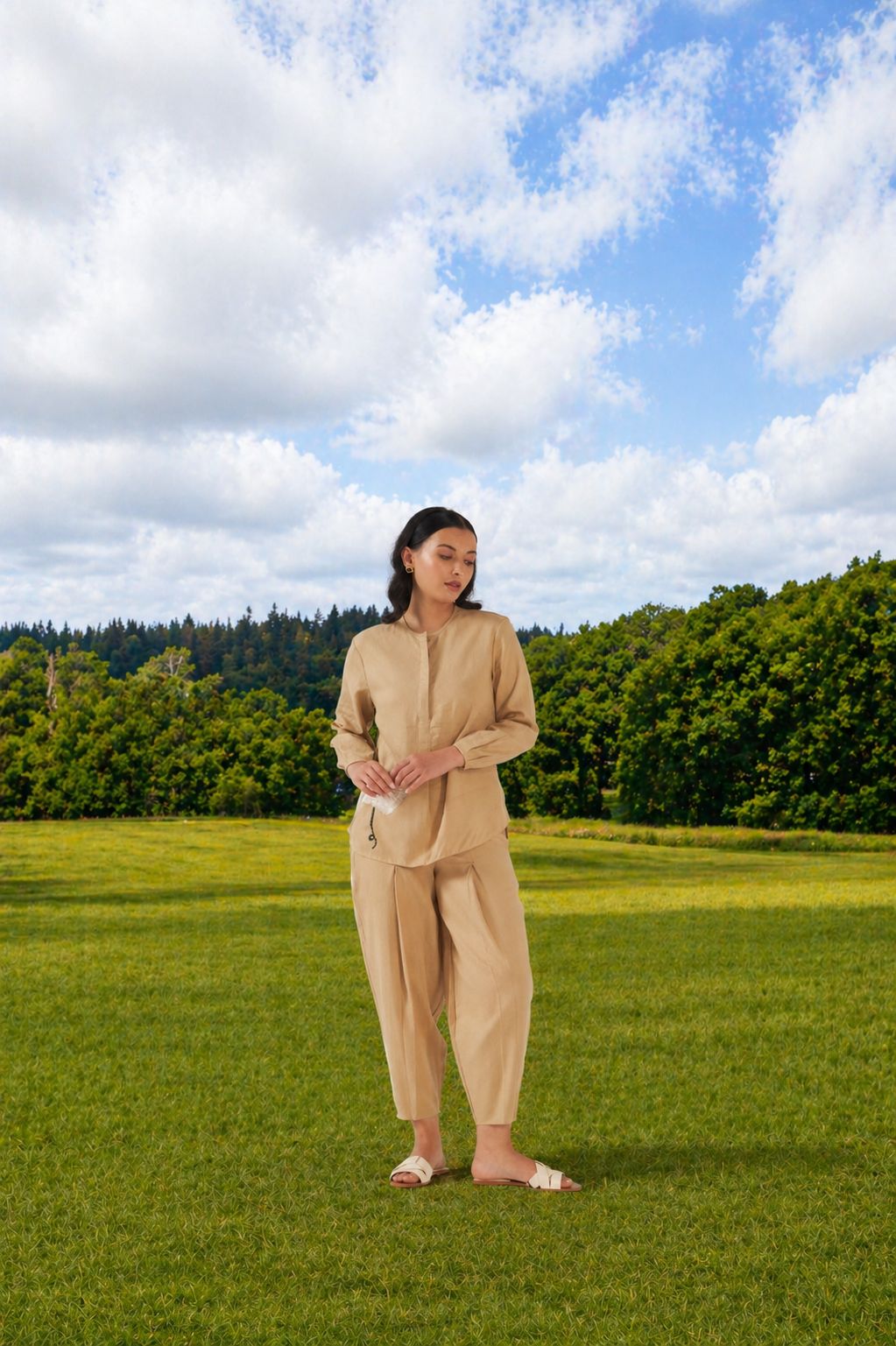 Florian Co-ord Pant Set Beige Anchor Thread Flower